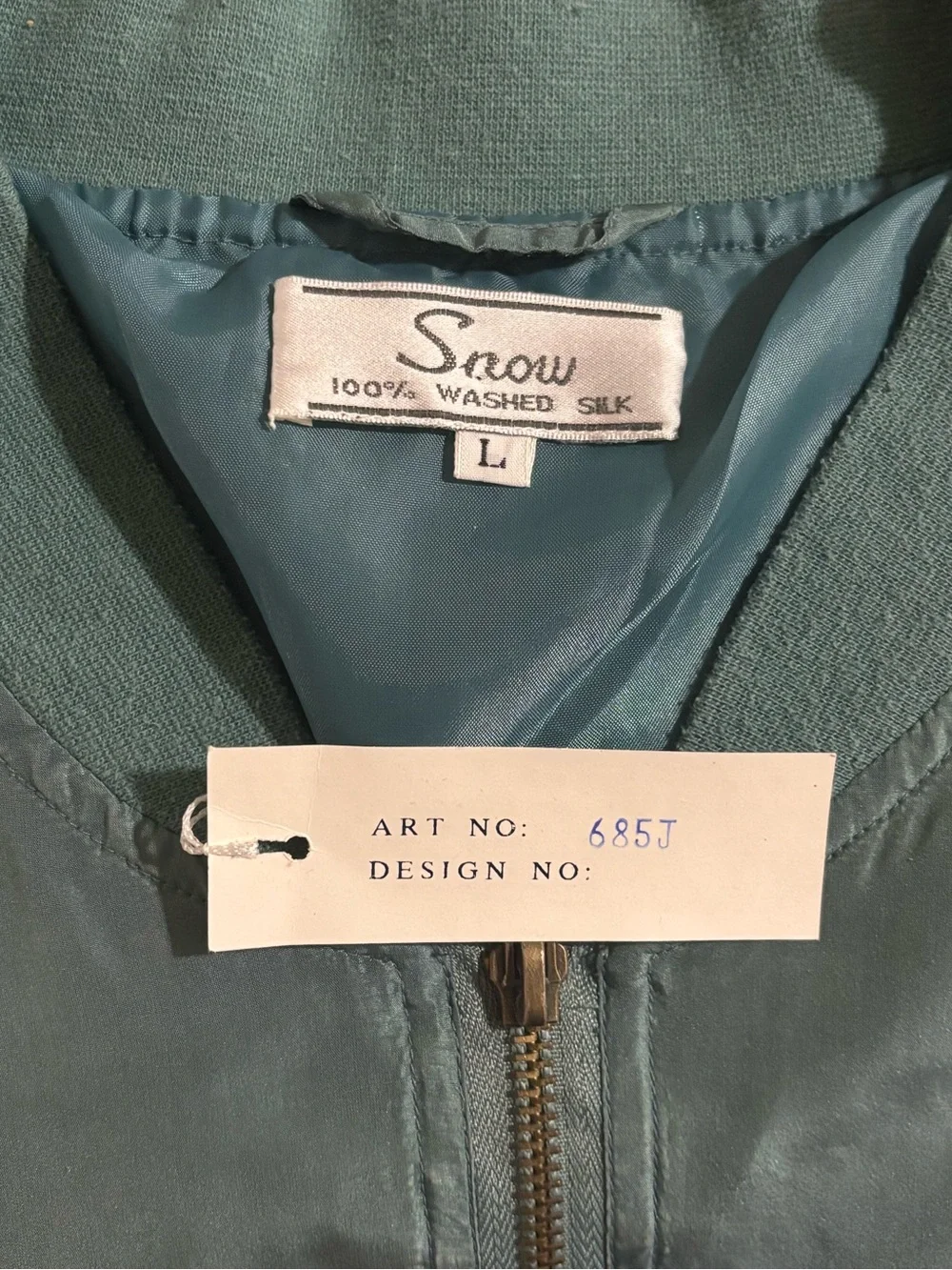 Vintage NWT 90s Snow 100% Washed Silk Bomber Jacket Mens Large Sage Green